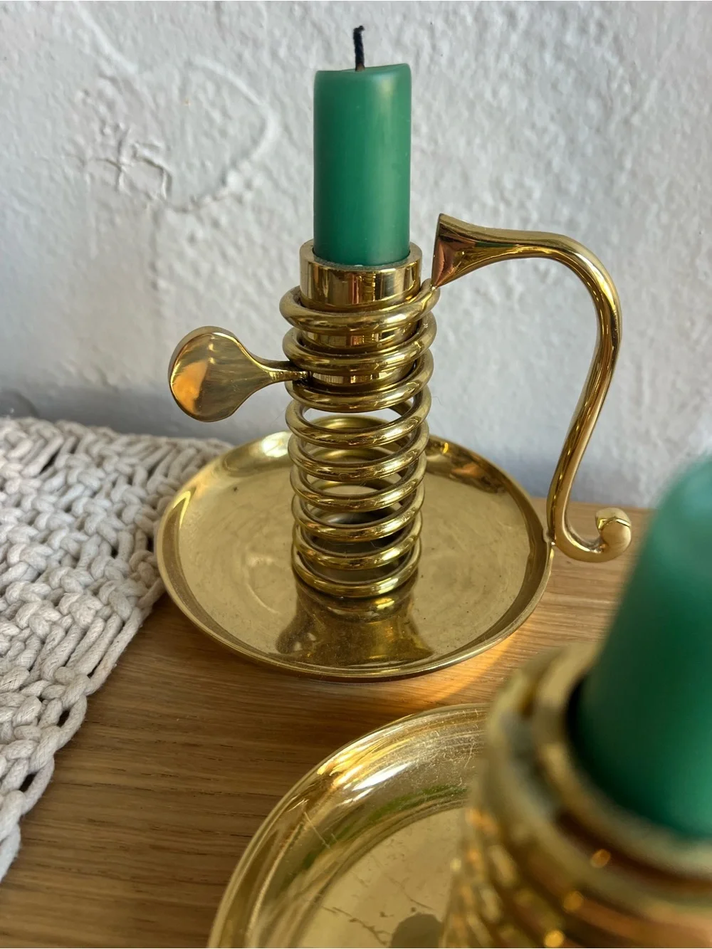 Vintage Gold Tone Coil Candlestick Holders Pair Design Chamberstick Candle